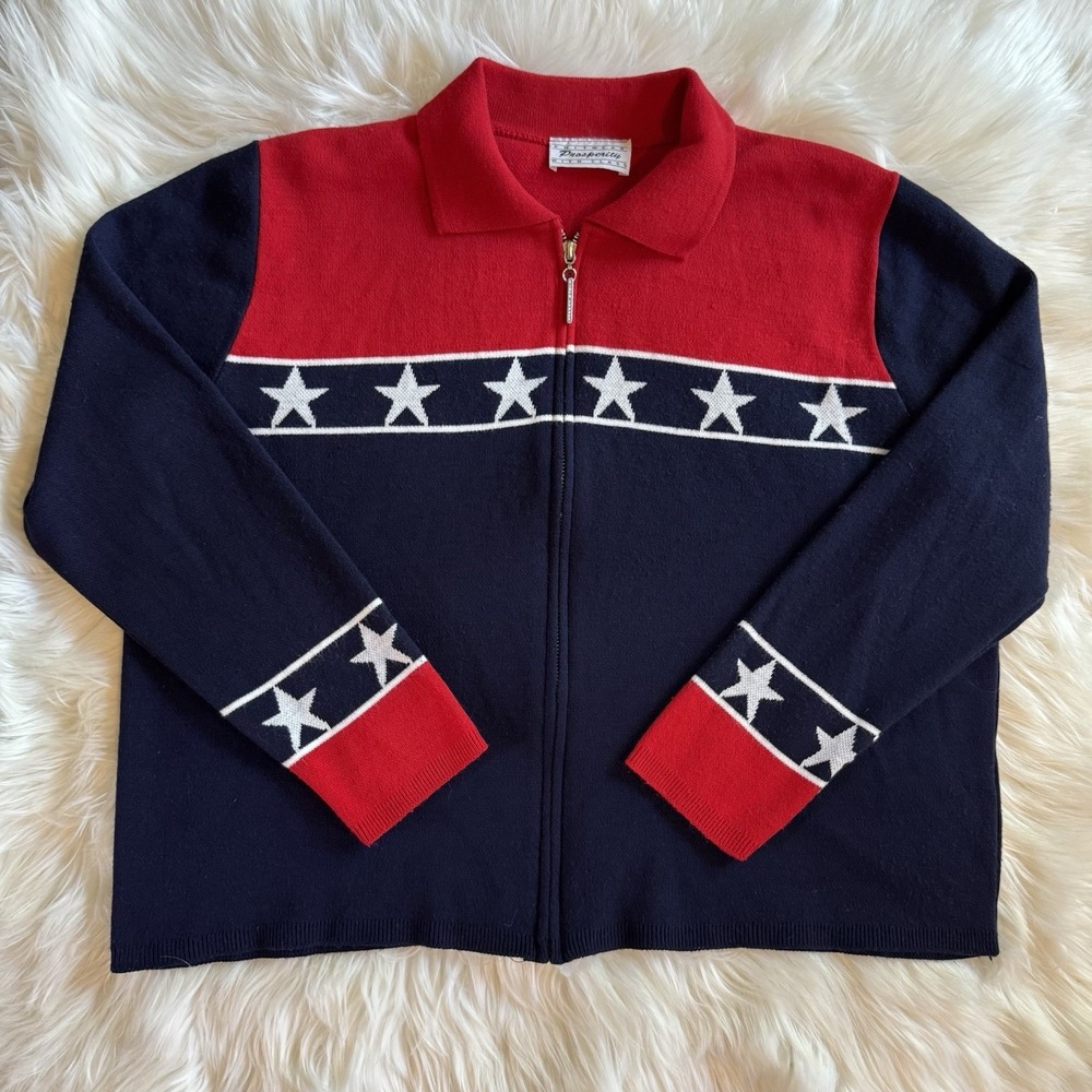 VINTAGE 90s AMERICANA STAR ZIP UP SWEATER NAVY RED COASTAL GRANDMOTHER BOHO CHIC